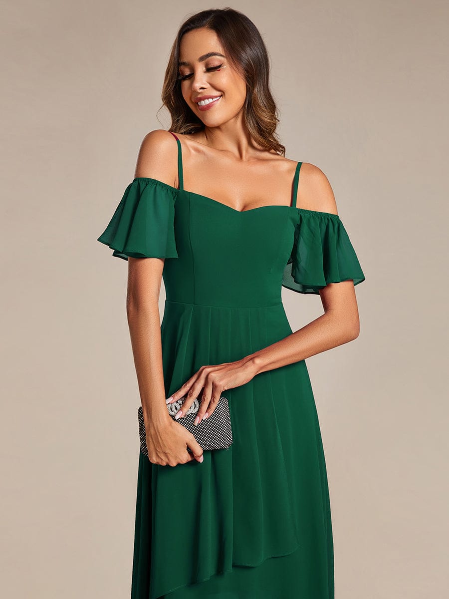 Spaghetti Strap Cold Shoulder Chiffon A-Line Midi Wedding Guest Dress #color_Dark Green