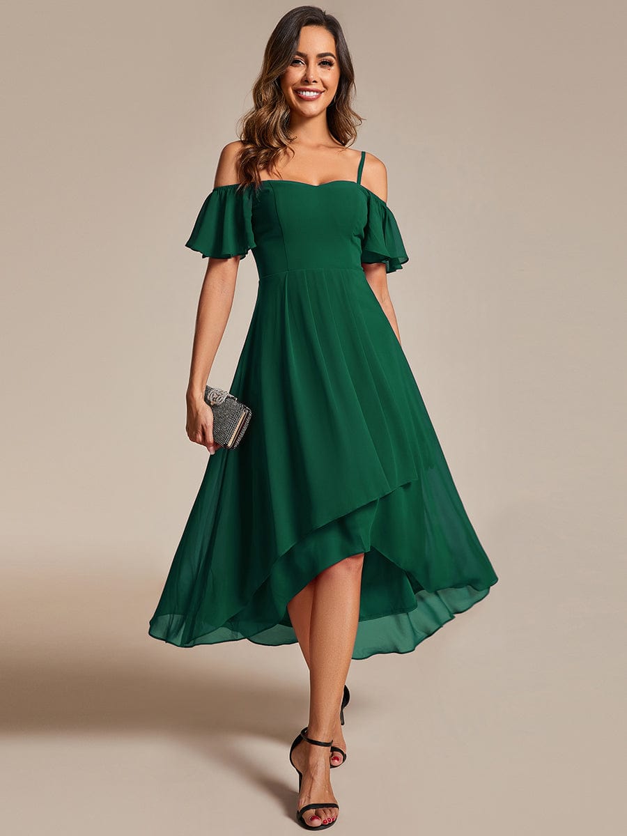 Spaghetti Strap Cold Shoulder Chiffon A-Line Midi Wedding Guest Dress #color_Dark Green