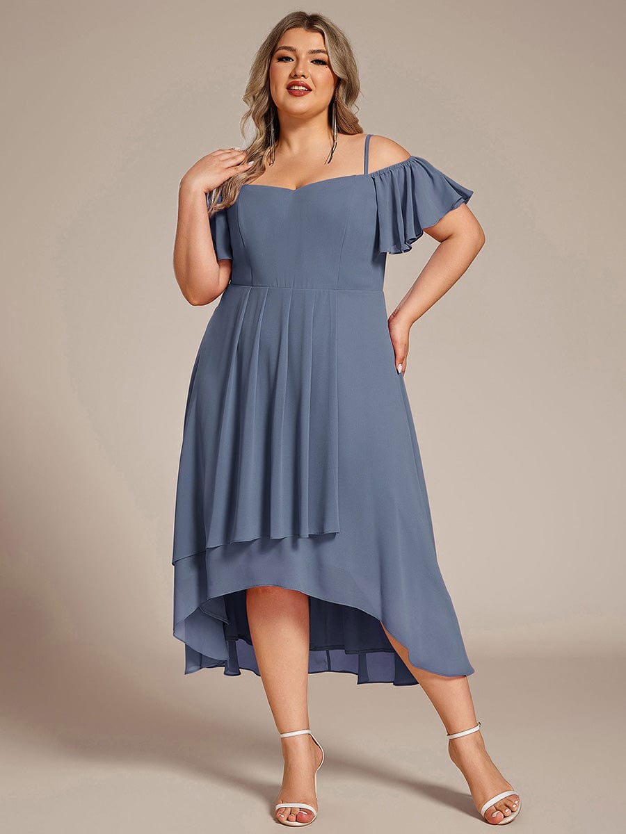 Spaghetti Strap Cold Shoulder Chiffon A-Line Midi Wedding Guest Dress #color_Dusty Blue