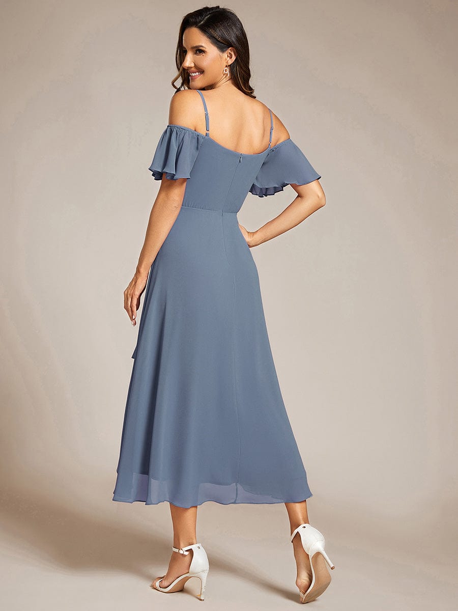 Spaghetti Strap Cold Shoulder Chiffon A-Line Midi Wedding Guest Dress #color_Dusty Blue