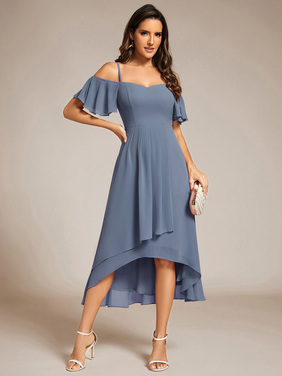 Spaghetti Strap Cold Shoulder Chiffon A-Line Midi Wedding Guest Dress #color_Dusty Navy