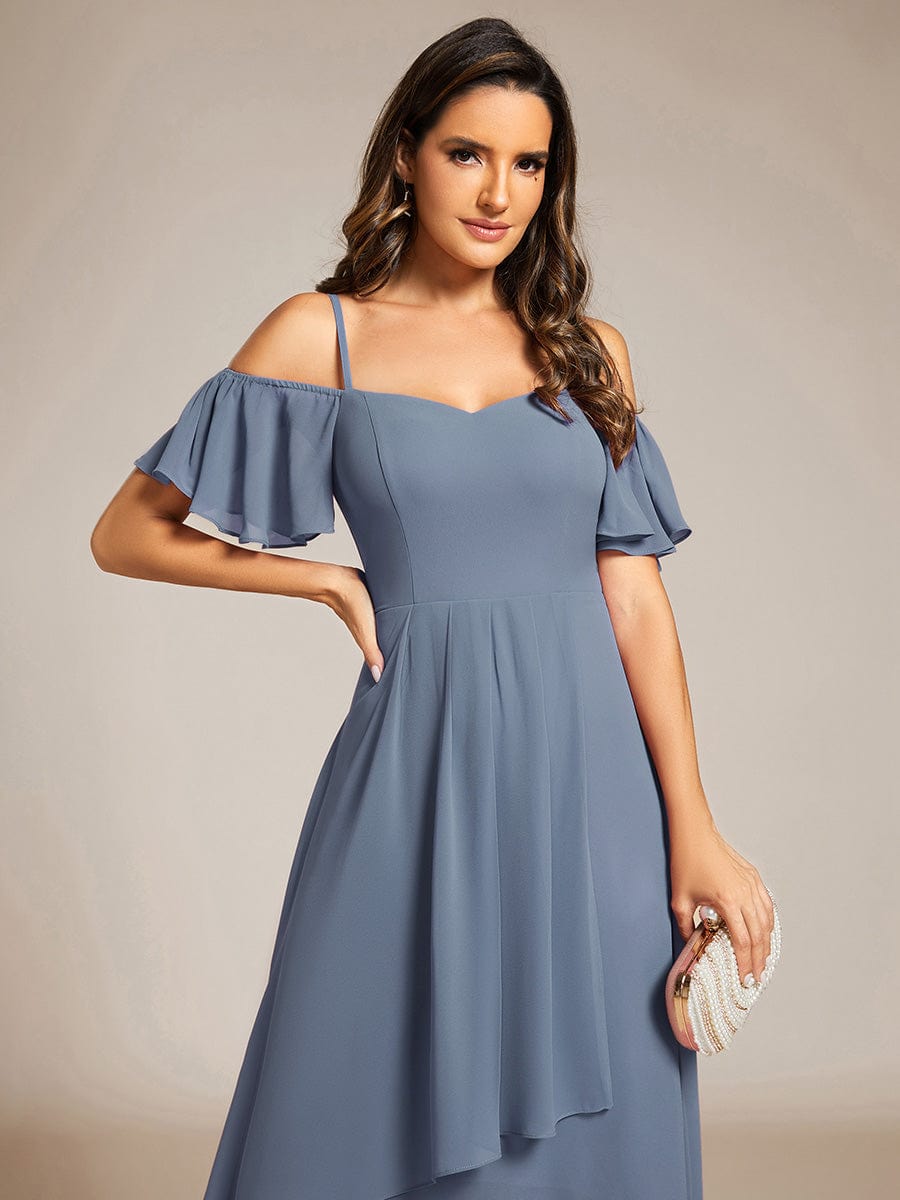 Spaghetti Strap Cold Shoulder Chiffon A-Line Midi Wedding Guest Dress #color_Dusty Navy