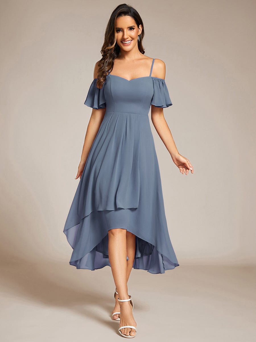 Spaghetti Strap Cold Shoulder Chiffon A-Line Midi Wedding Guest Dress #color_Dusty Navy