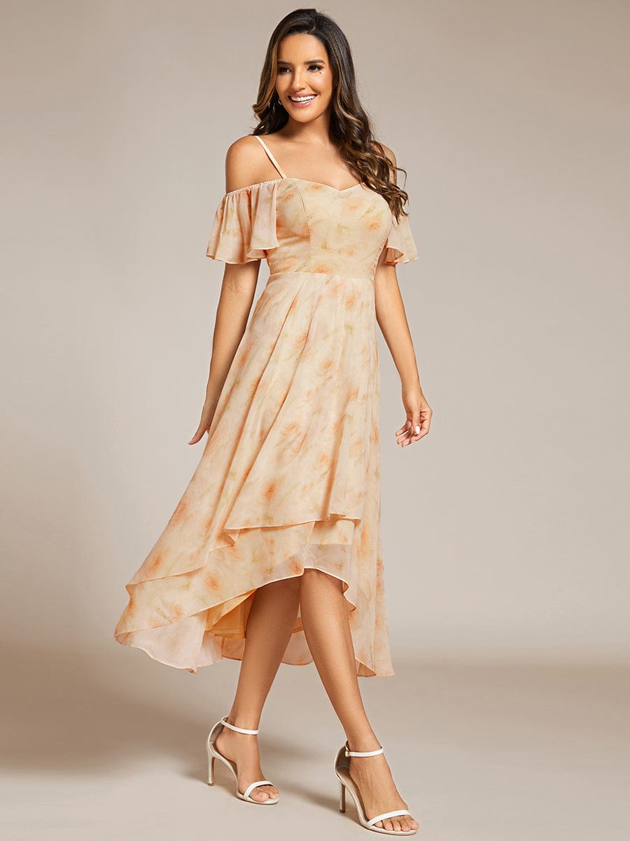 Spaghetti Strap Cold Shoulder Chiffon A-Line Midi Wedding Guest Dress #color_Golden Roses