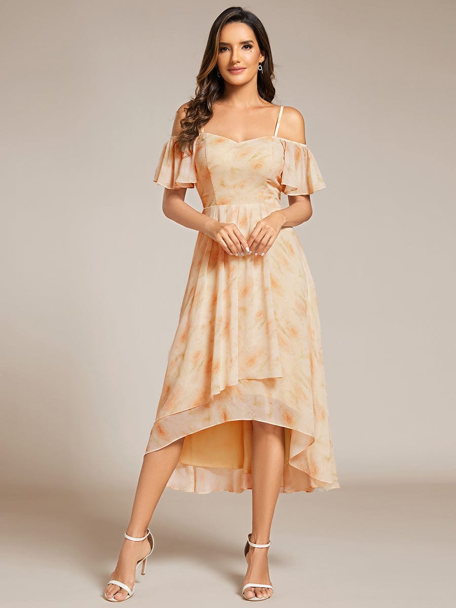 Spaghetti Strap Cold Shoulder Chiffon A-Line Midi Wedding Guest Dress #color_Golden Roses