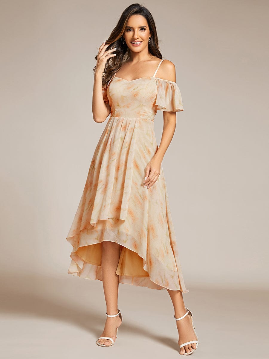 Spaghetti Strap Cold Shoulder Chiffon A-Line Midi Wedding Guest Dress #color_Golden Roses