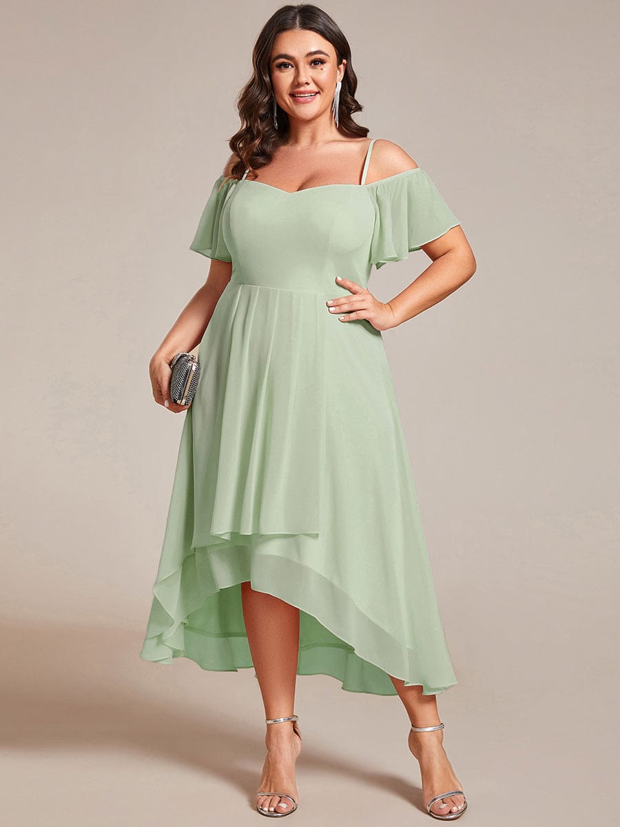 Spaghetti Strap Cold Shoulder Chiffon A-Line Midi Wedding Guest Dress #color_Mint Green