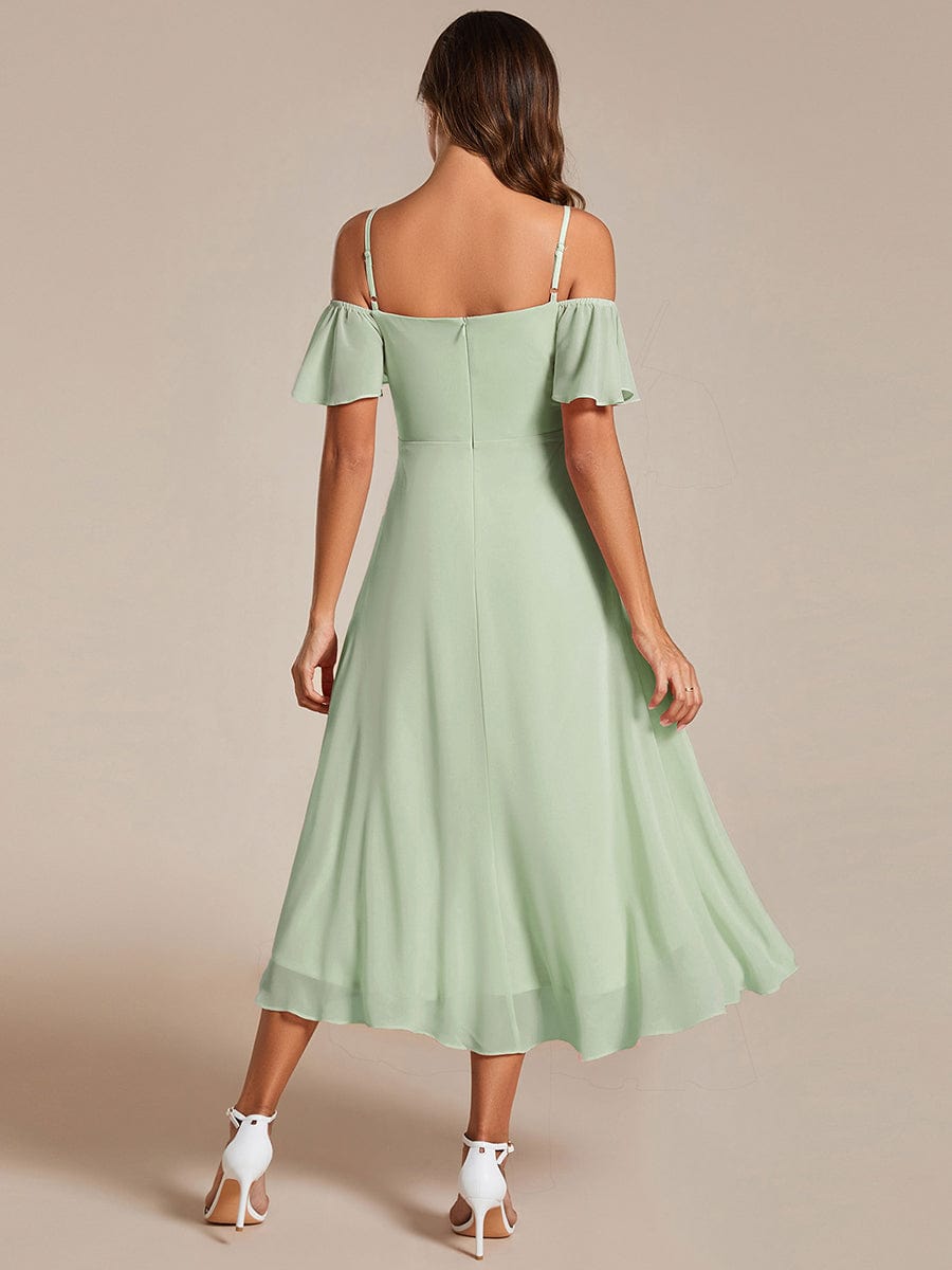 Spaghetti Strap Cold Shoulder Chiffon A-Line Midi Wedding Guest Dress #color_Mint Green