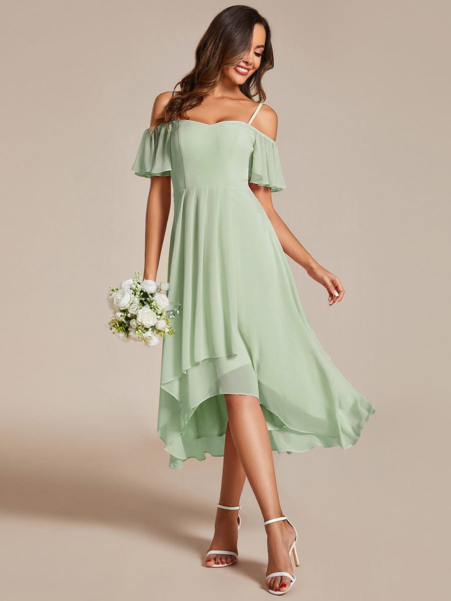 Spaghetti Strap Cold Shoulder Chiffon A-Line Midi Wedding Guest Dress #color_Mint Green