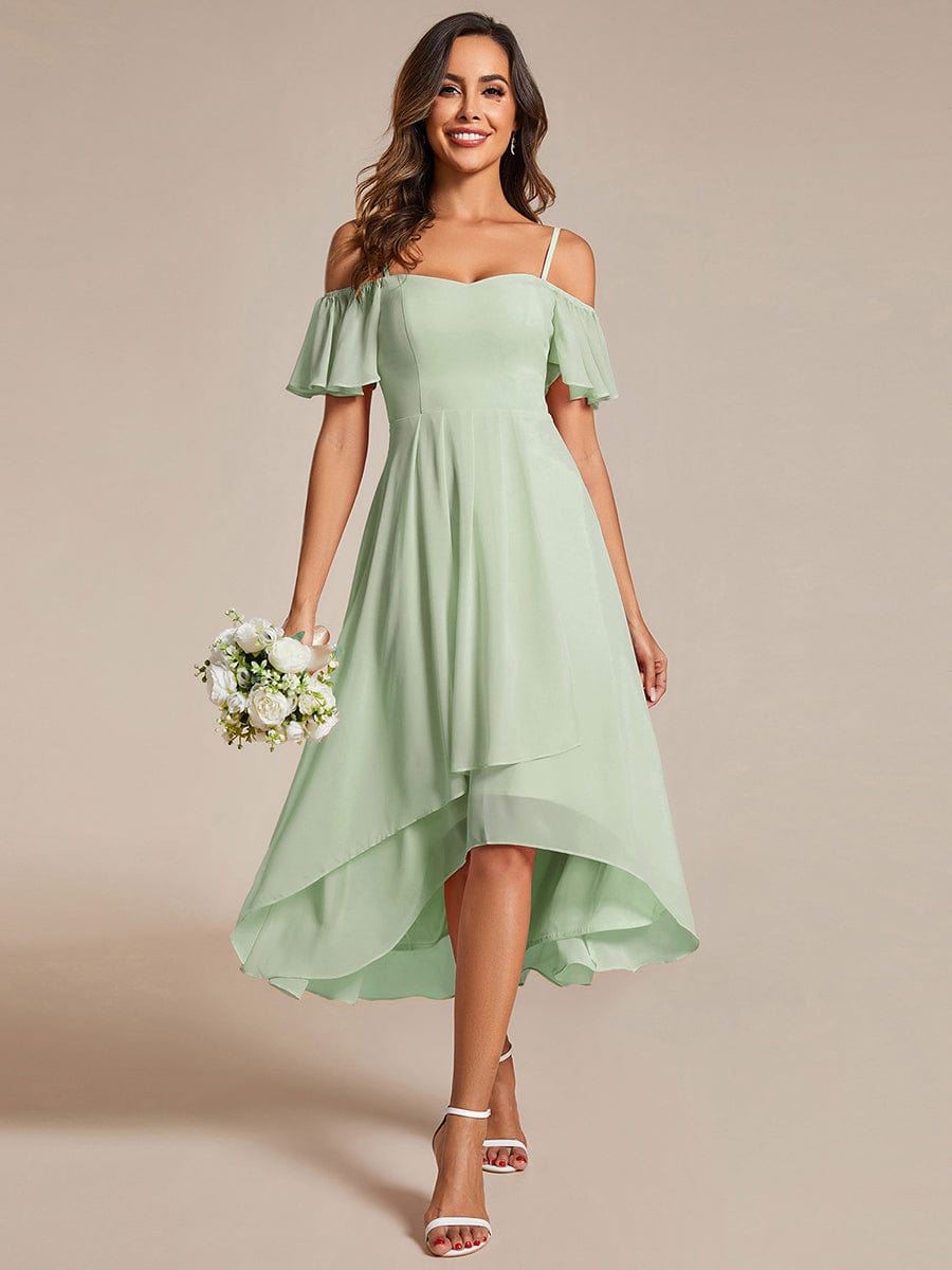 Spaghetti Strap Cold Shoulder Chiffon A-Line Midi Wedding Guest Dress #color_Mint Green