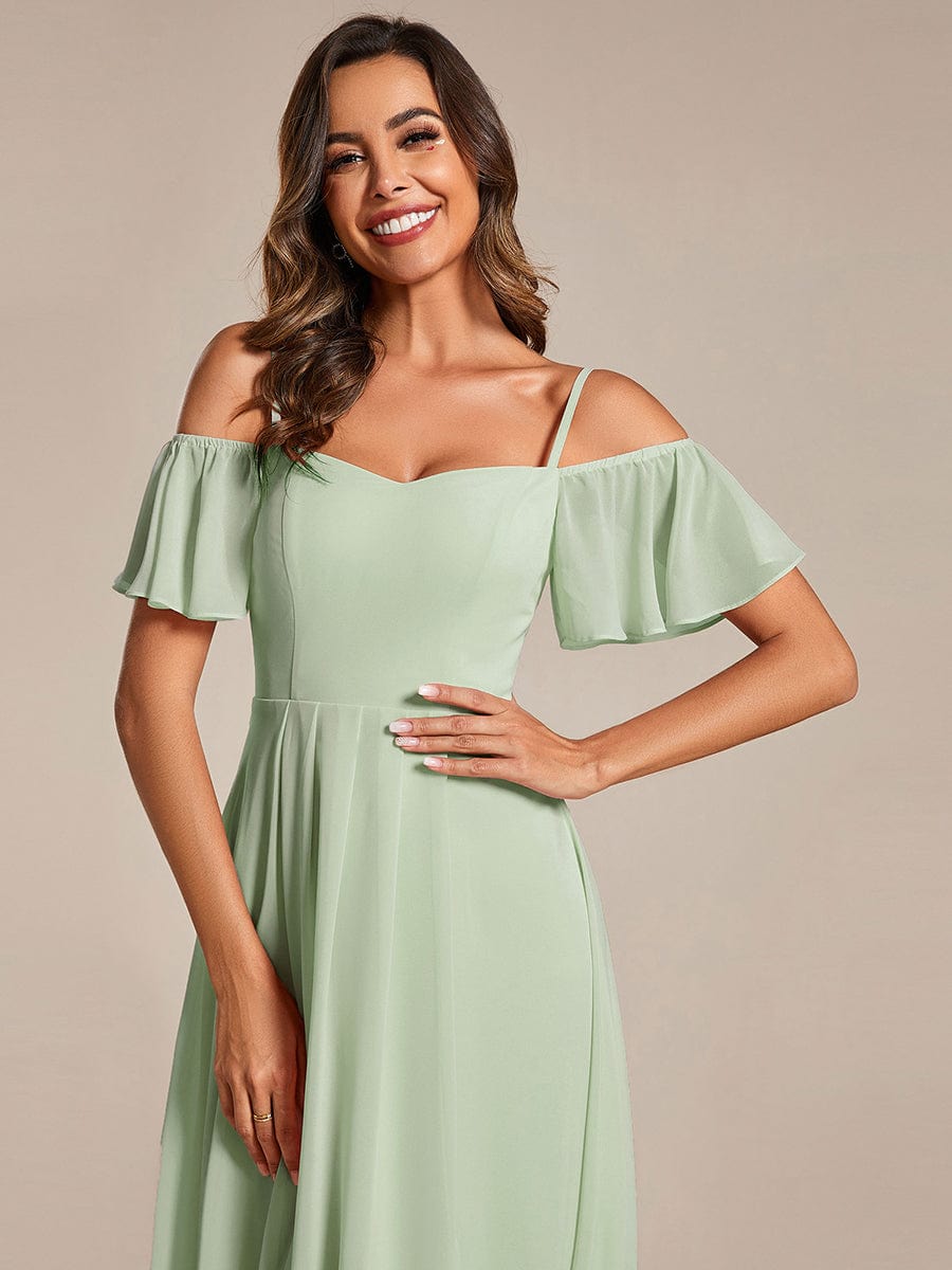 Spaghetti Strap Cold Shoulder Chiffon A-Line Midi Wedding Guest Dress #color_Mint Green