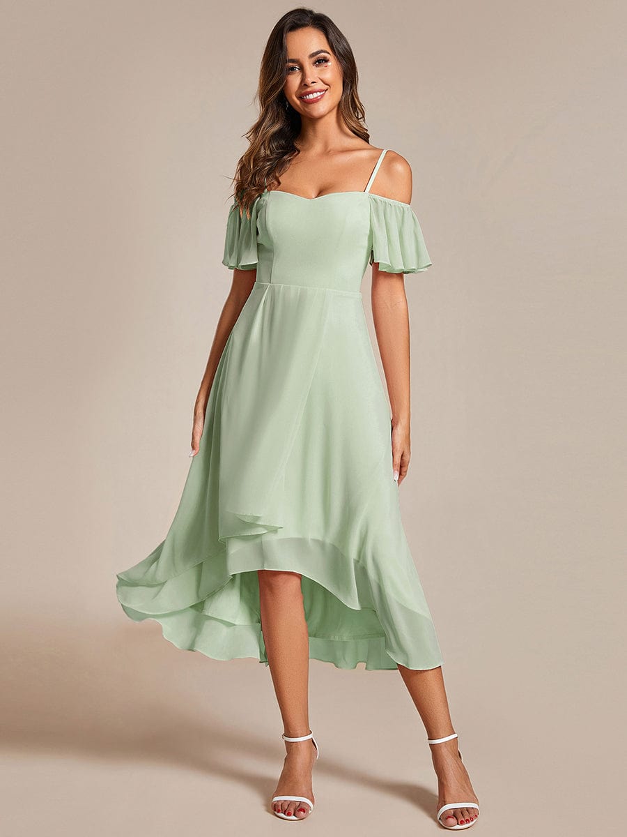 Spaghetti Strap Cold Shoulder Chiffon A-Line Midi Wedding Guest Dress #color_Mint Green