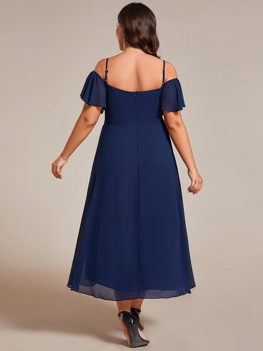 Plus Size Cold Shoulder Sweetheart Necklin Chiffon Midi Wedding Guest Dress #color_Navy Blue