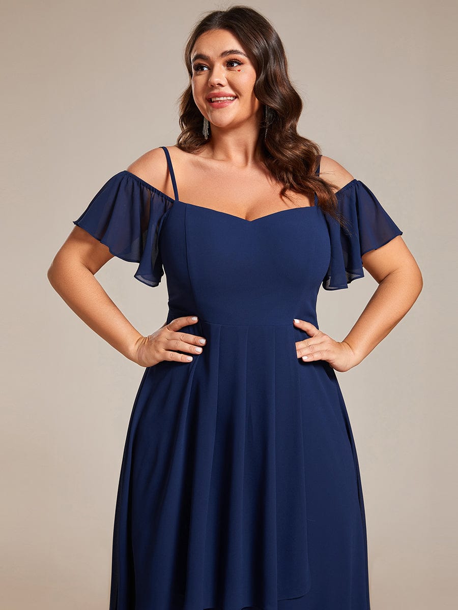 Spaghetti Strap Cold Shoulder Chiffon A-Line Midi Wedding Guest Dress #color_Navy Blue