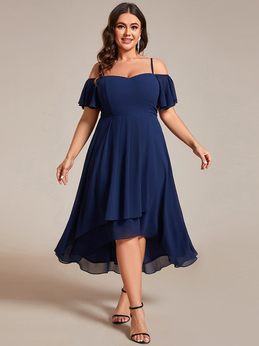 Spaghetti Strap Cold Shoulder Chiffon A-Line Midi Wedding Guest Dress #color_Navy Blue