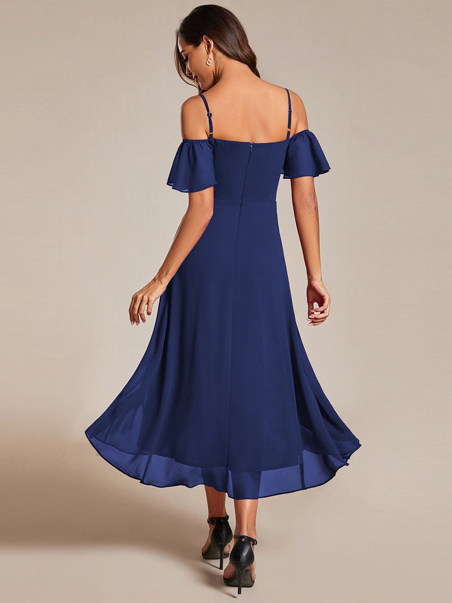 Spaghetti Strap Cold Shoulder Chiffon A-Line Midi Wedding Guest Dress #color_Navy Blue