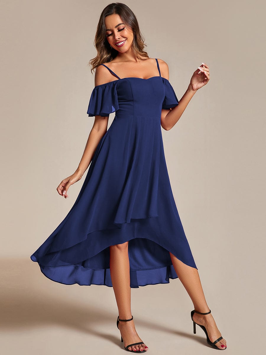 Spaghetti Strap Cold Shoulder Chiffon A-Line Midi Wedding Guest Dress #color_Navy Blue