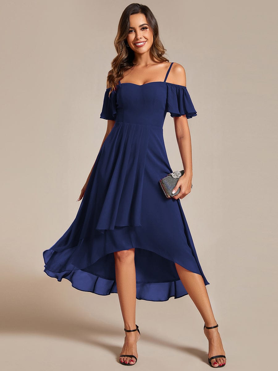 Spaghetti Strap Cold Shoulder Chiffon A-Line Midi Wedding Guest Dress #color_Navy Blue