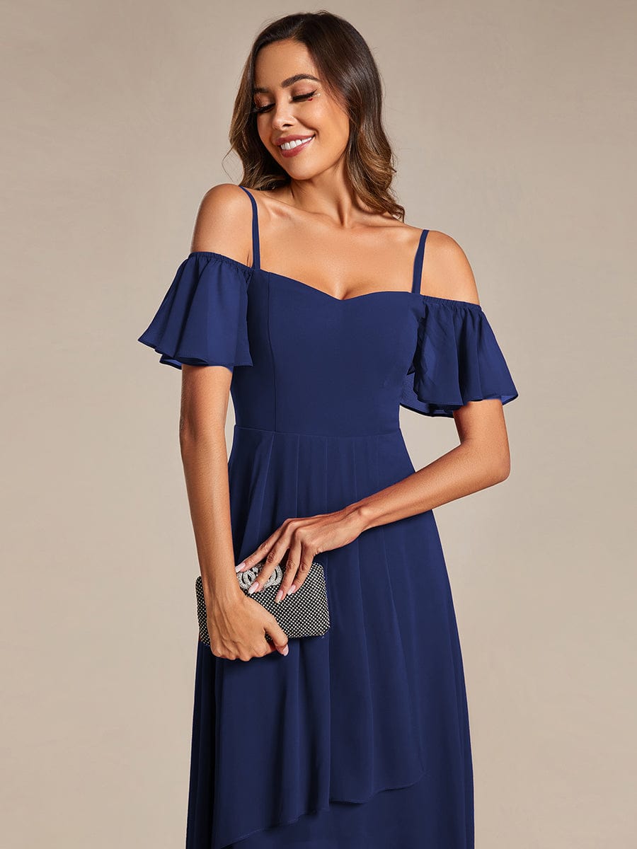 Spaghetti Strap Cold Shoulder Chiffon A-Line Midi Wedding Guest Dress #color_Navy Blue