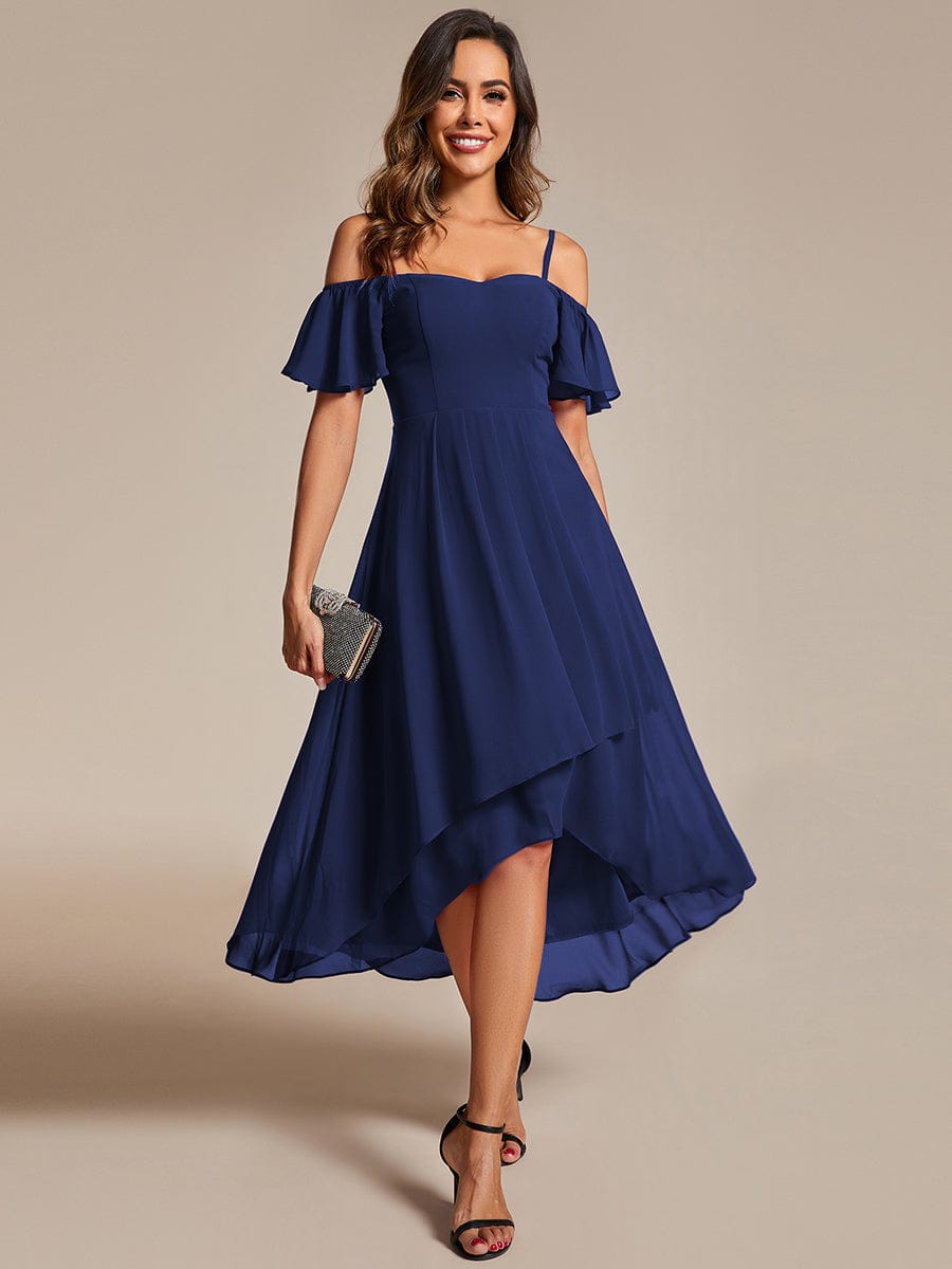 Spaghetti Strap Cold Shoulder Chiffon A-Line Midi Wedding Guest Dress #color_Navy Blue