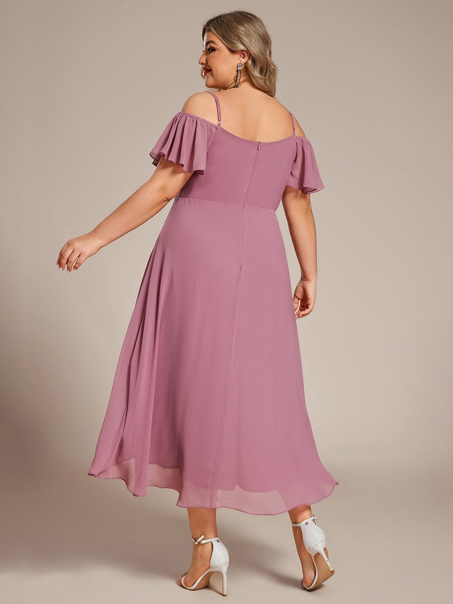 Spaghetti Strap Cold Shoulder Chiffon A-Line Midi Wedding Guest Dress #color_Purple Orchid