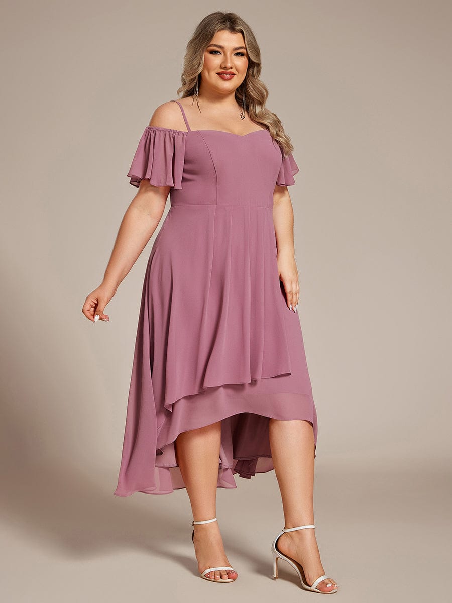 Spaghetti Strap Cold Shoulder Chiffon A-Line Midi Wedding Guest Dress #color_Purple Orchid