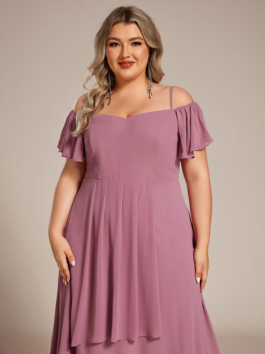 Spaghetti Strap Cold Shoulder Chiffon A-Line Midi Wedding Guest Dress #color_Purple Orchid