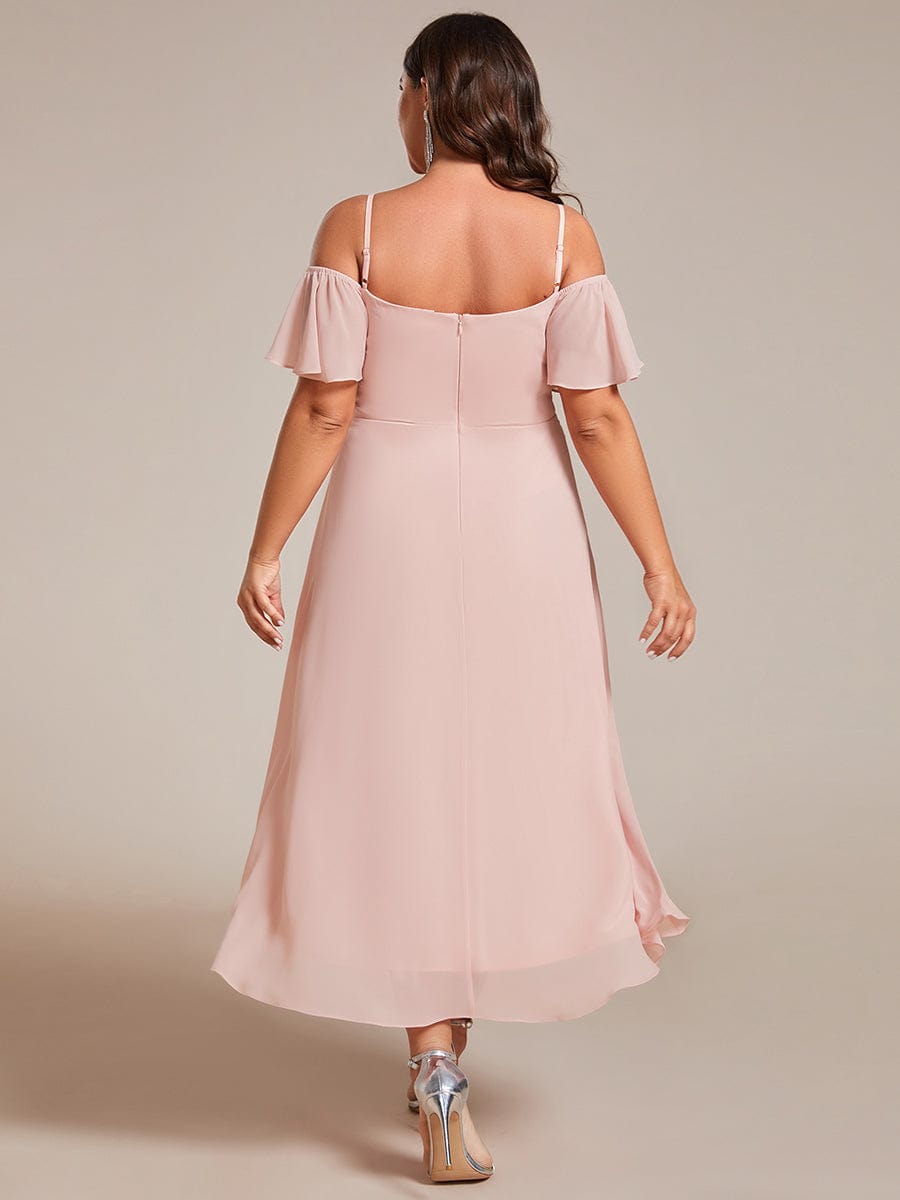 Plus Size Cold Shoulder Sweetheart Necklin Chiffon Midi Wedding Guest Dress #color_Pink