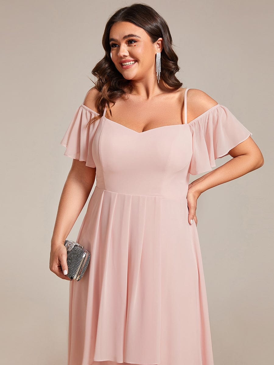 Spaghetti Strap Cold Shoulder Chiffon A-Line Midi Wedding Guest Dress #color_Pink