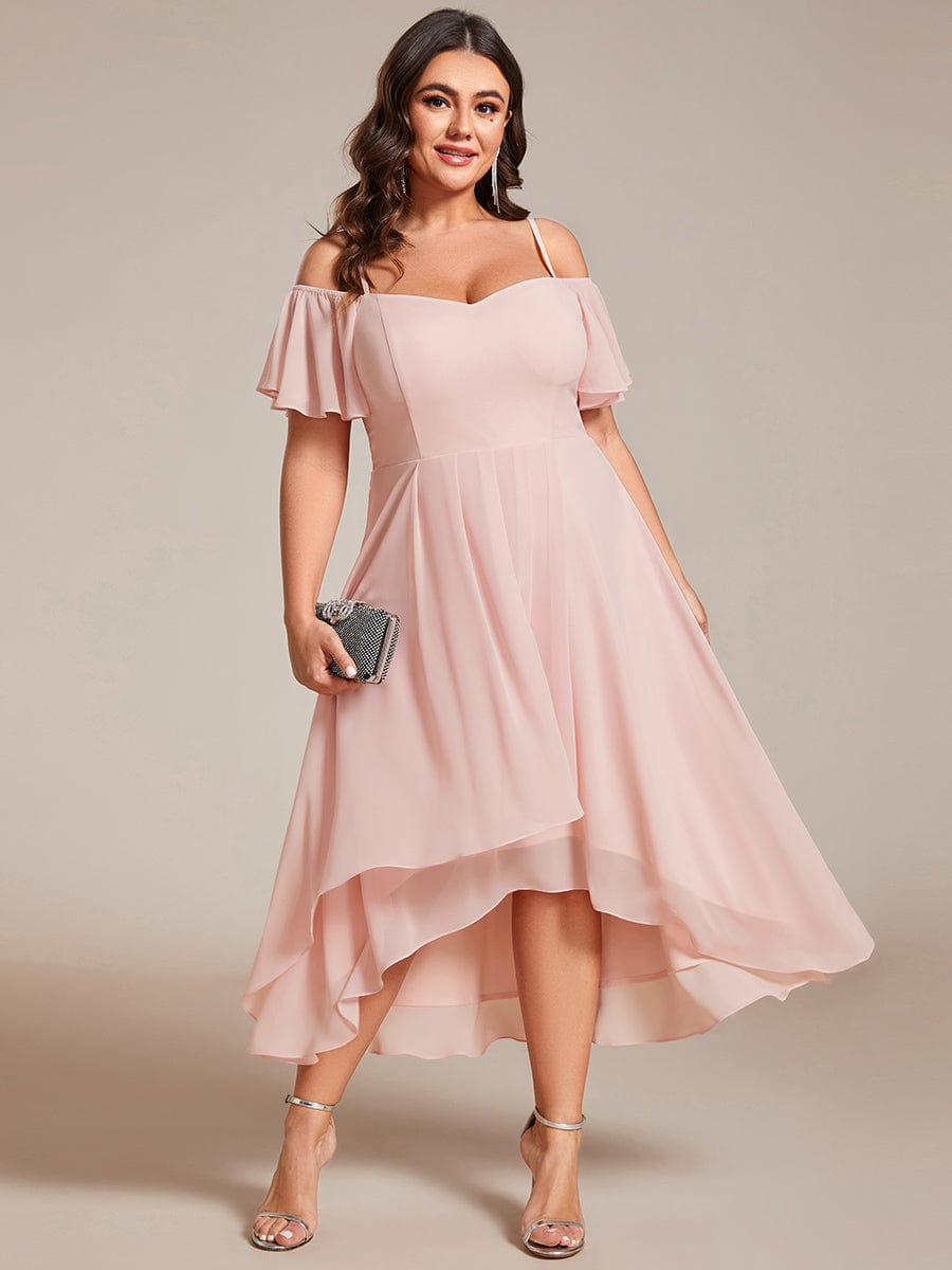 Spaghetti Strap Cold Shoulder Chiffon A-Line Midi Wedding Guest Dress #color_Pink