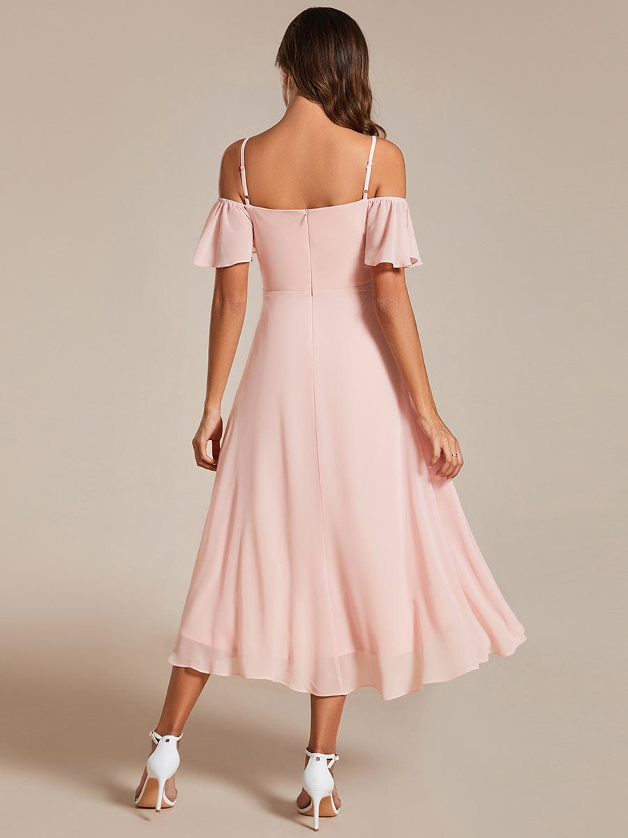 Spaghetti Strap Cold Shoulder Chiffon A-Line Midi Wedding Guest Dress #color_Pink