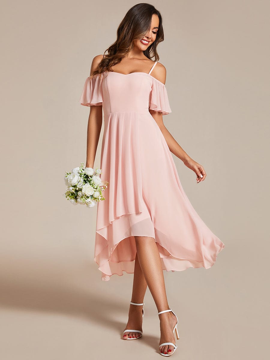 Spaghetti Strap Cold Shoulder Chiffon A-Line Midi Wedding Guest Dress #color_Pink