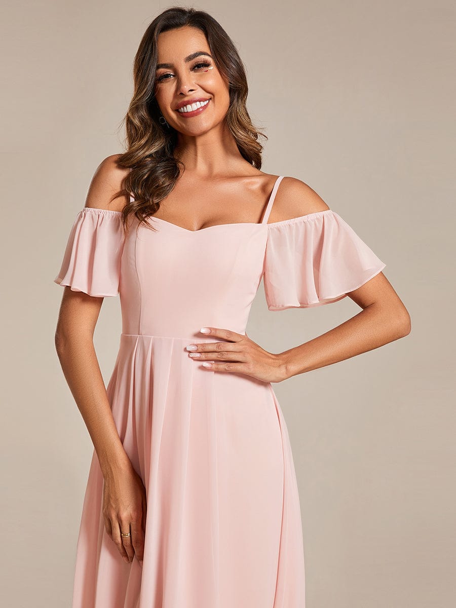 Spaghetti Strap Cold Shoulder Chiffon A-Line Midi Wedding Guest Dress #color_Pink