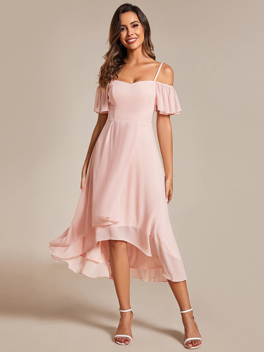 Spaghetti Strap Cold Shoulder Chiffon A-Line Midi Wedding Guest Dress #color_Pink