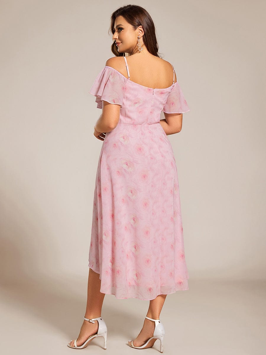 Spaghetti Strap Cold Shoulder Chiffon A-Line Midi Wedding Guest Dress #color_Light Purple Roses