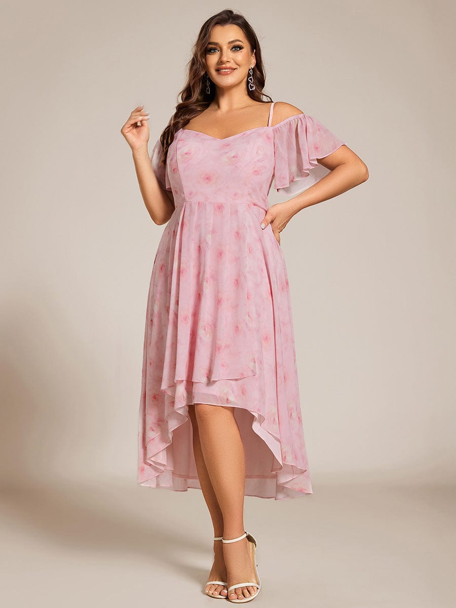 Spaghetti Strap Cold Shoulder Chiffon A-Line Midi Wedding Guest Dress #color_Light Purple Roses