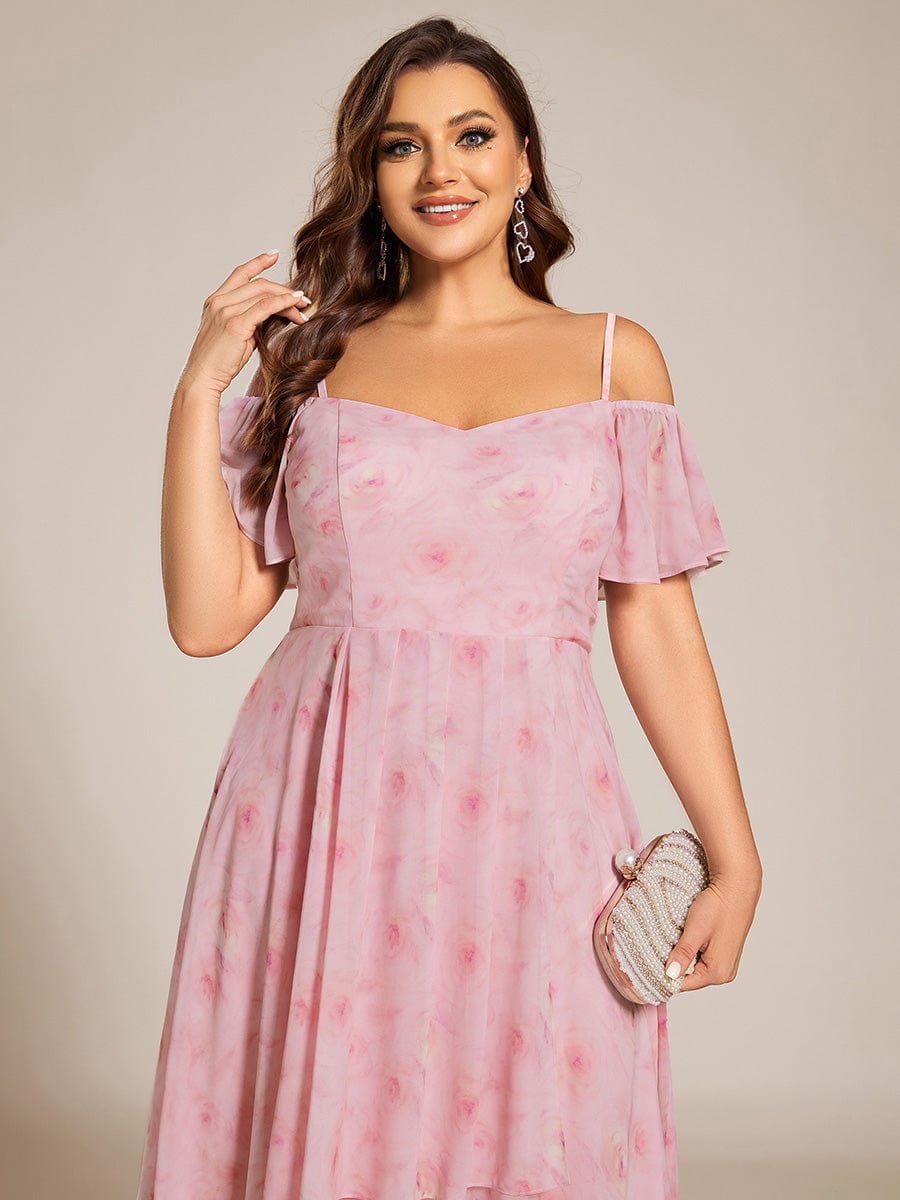 Spaghetti Strap Cold Shoulder Chiffon A-Line Midi Wedding Guest Dress #color_Light Purple Roses