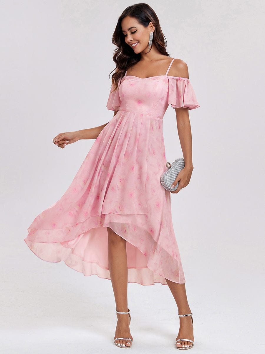 Spaghetti Strap Cold Shoulder Chiffon A-Line Midi Wedding Guest Dress #color_Light Purple Roses