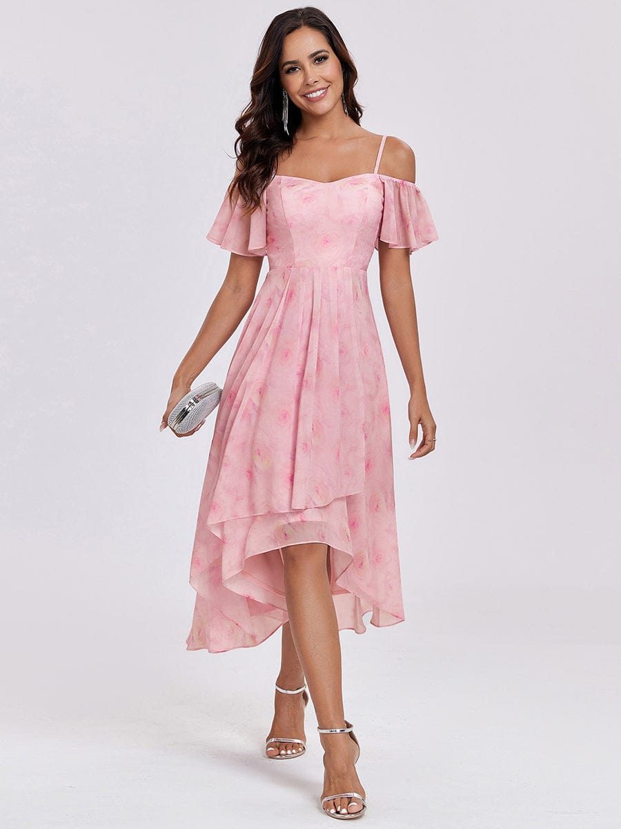 Spaghetti Strap Cold Shoulder Chiffon A-Line Midi Wedding Guest Dress #color_Light Purple Roses