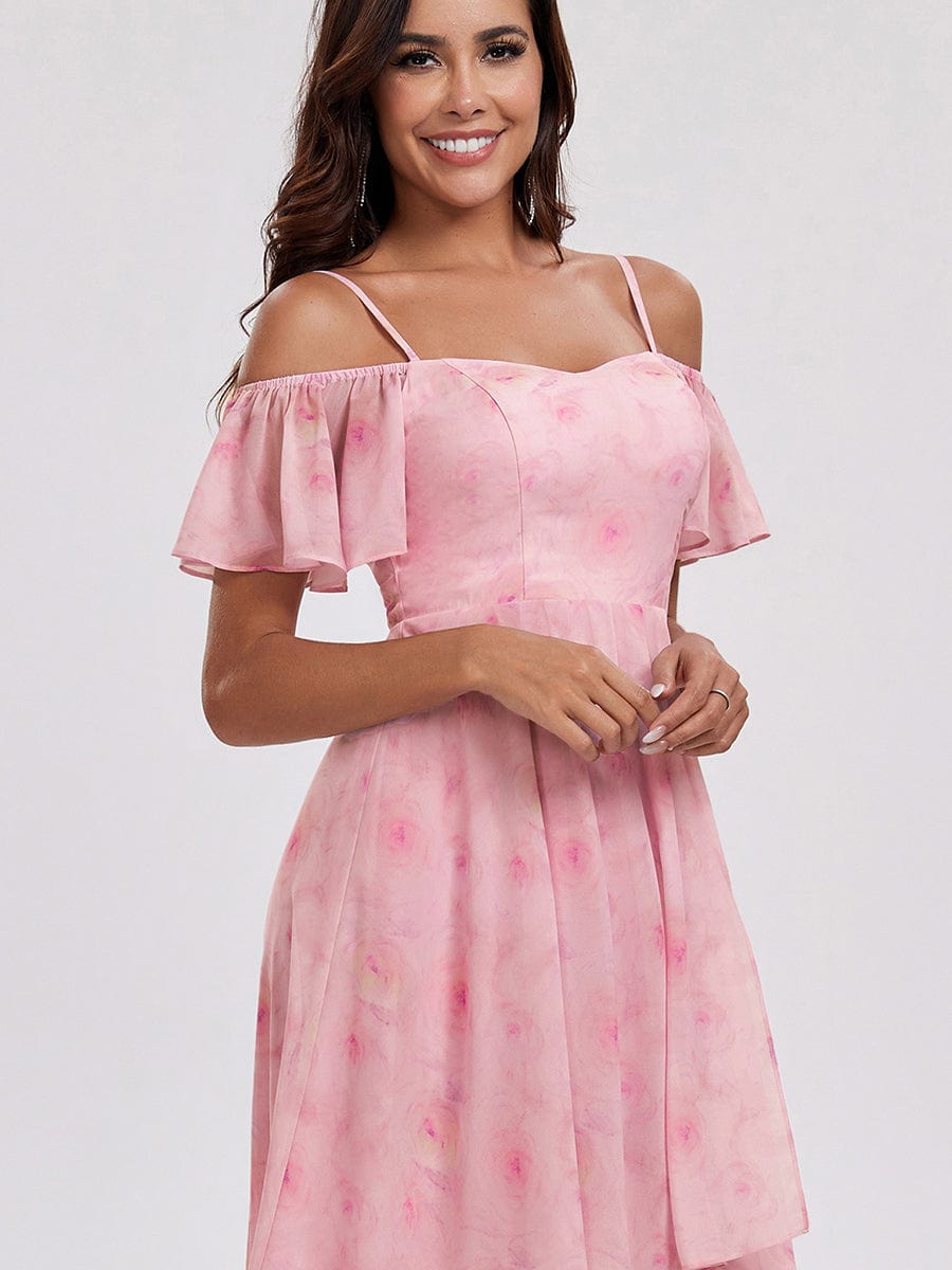 Spaghetti Strap Cold Shoulder Chiffon A-Line Midi Wedding Guest Dress #color_Light Purple Roses