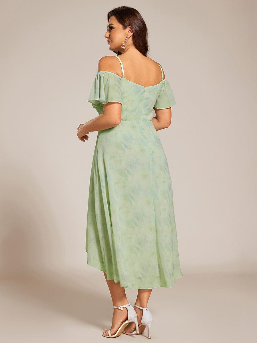 Spaghetti Strap Cold Shoulder Chiffon A-Line Midi Wedding Guest Dress #color_Light Green Roses