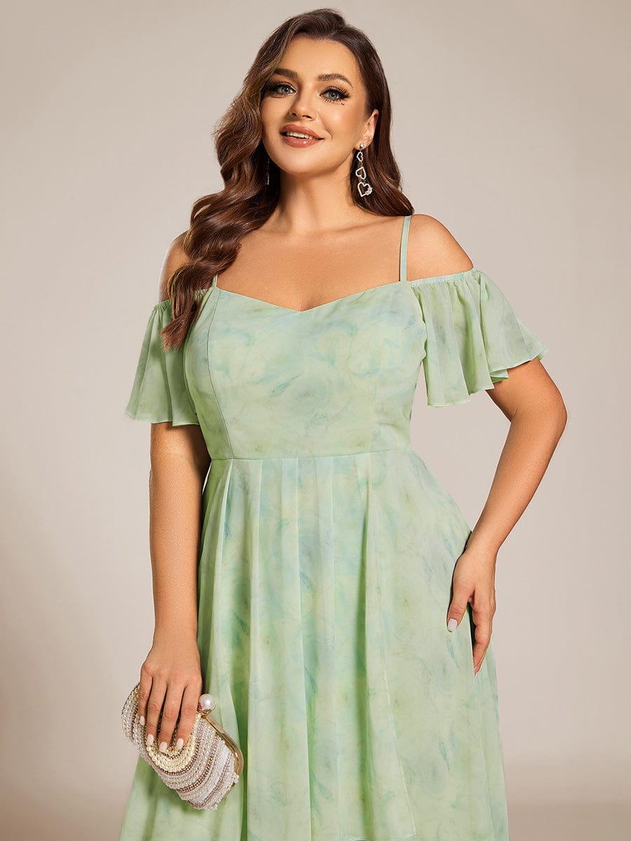 Spaghetti Strap Cold Shoulder Chiffon A-Line Midi Wedding Guest Dress #color_Light Green Roses