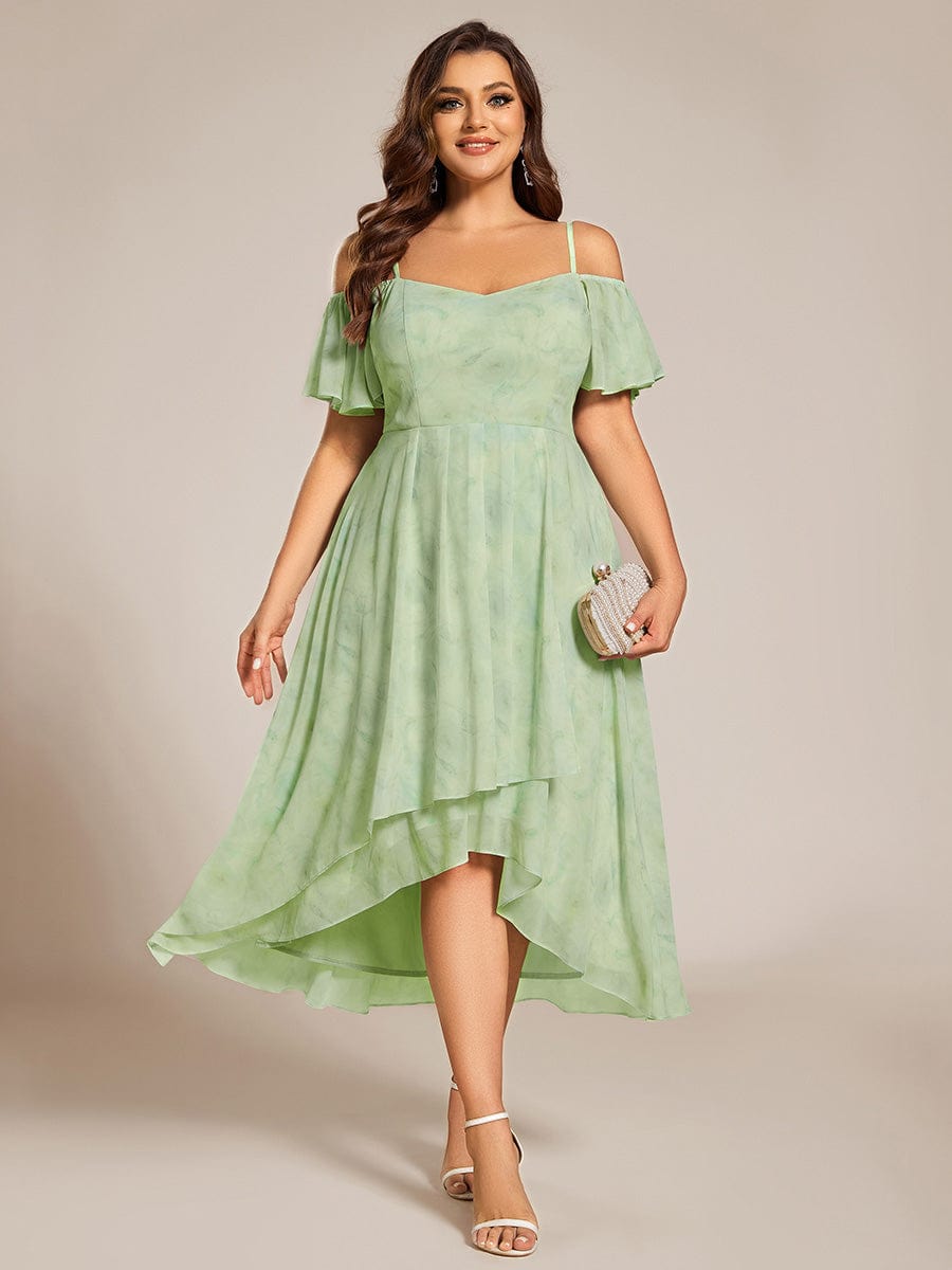 Spaghetti Strap Cold Shoulder Chiffon A-Line Midi Wedding Guest Dress #color_Light Green Roses