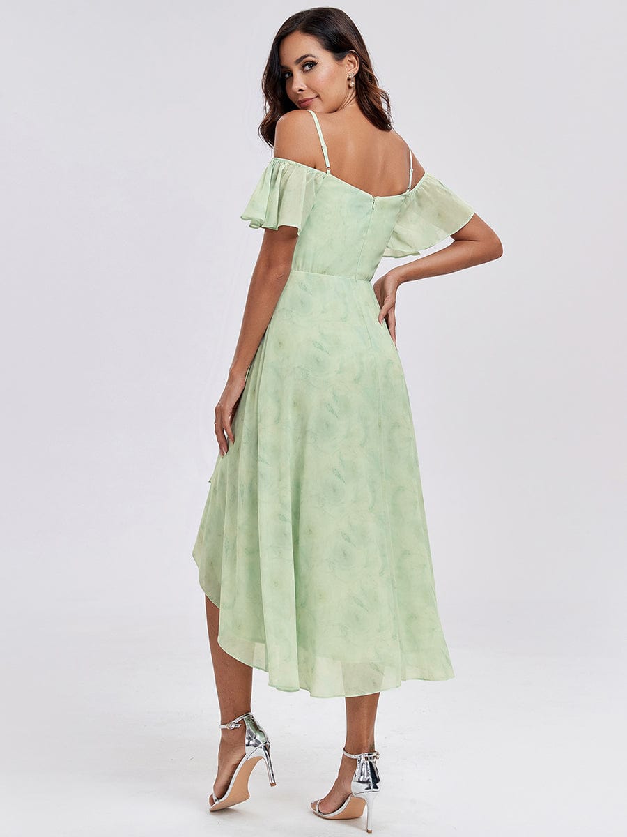 Spaghetti Strap Cold Shoulder Chiffon A-Line Midi Wedding Guest Dress #color_Light Green Roses