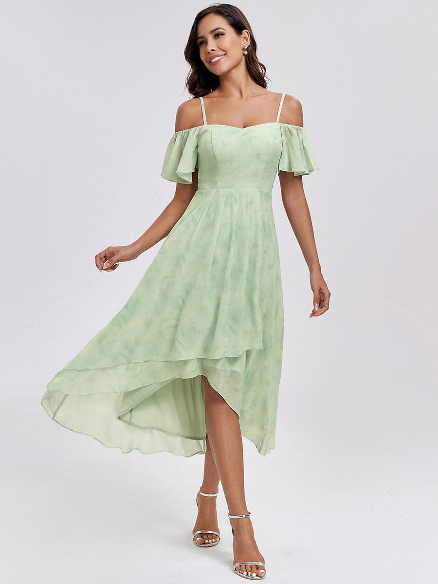 Spaghetti Strap Cold Shoulder Chiffon A-Line Midi Wedding Guest Dress #color_Light Green Roses