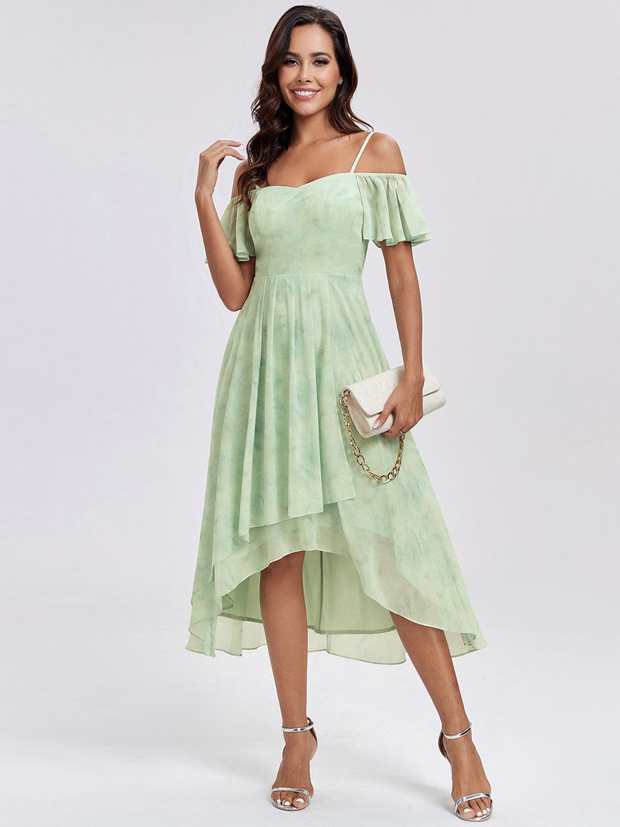 Spaghetti Strap Cold Shoulder Chiffon A-Line Midi Wedding Guest Dress #color_Light Green Roses