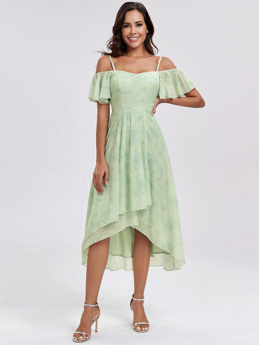 Spaghetti Strap Cold Shoulder Chiffon A-Line Midi Wedding Guest Dress #color_Light Green Roses