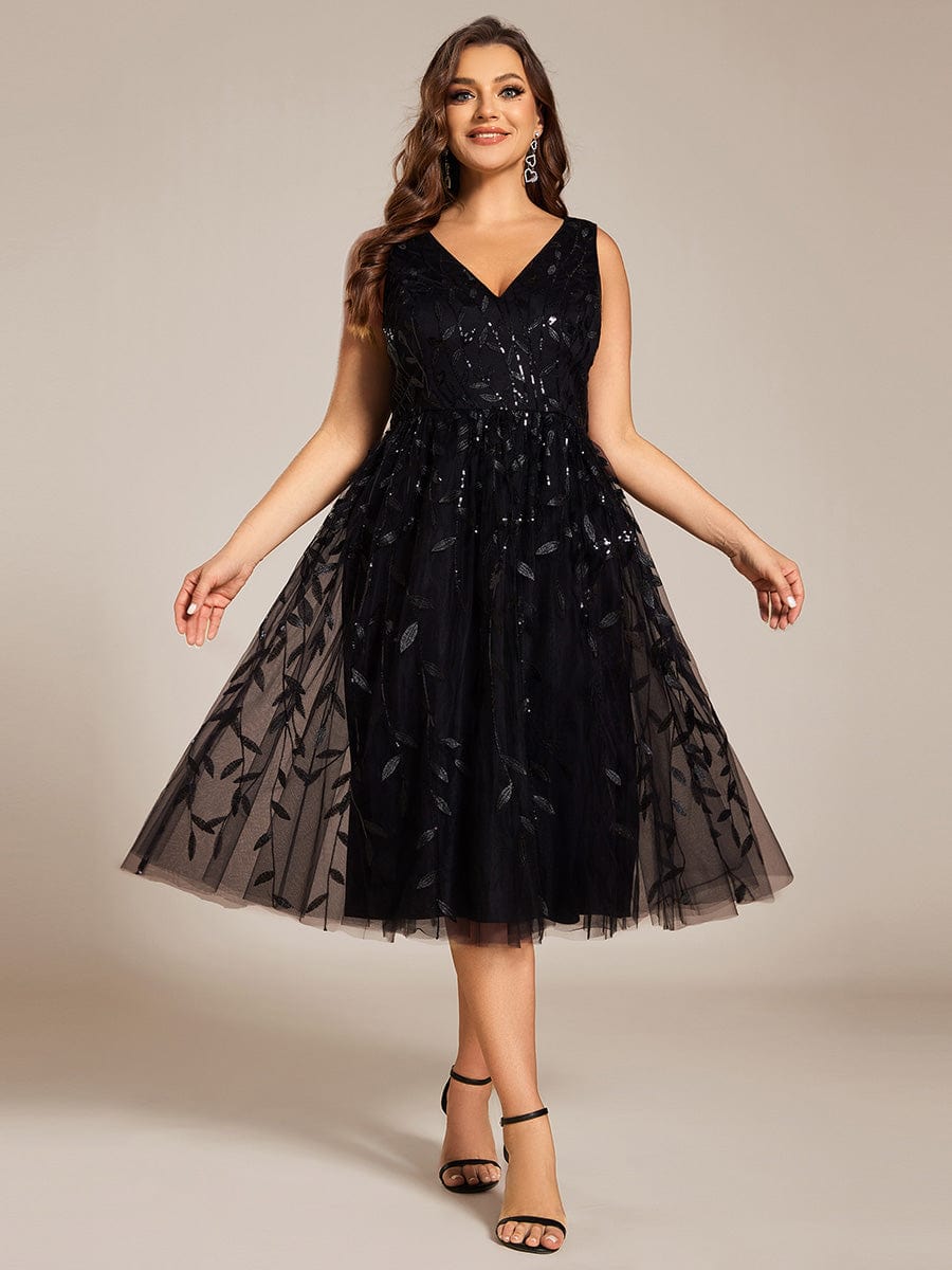 Plus Size Sleeveless Leaf Sequin A-Line Midi Wedding Guest Dress #color_Black