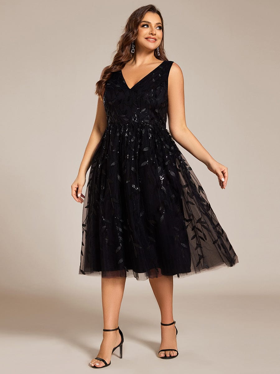 Plus Size Sleeveless Leaf Sequin A-Line Midi Wedding Guest Dress #color_Black