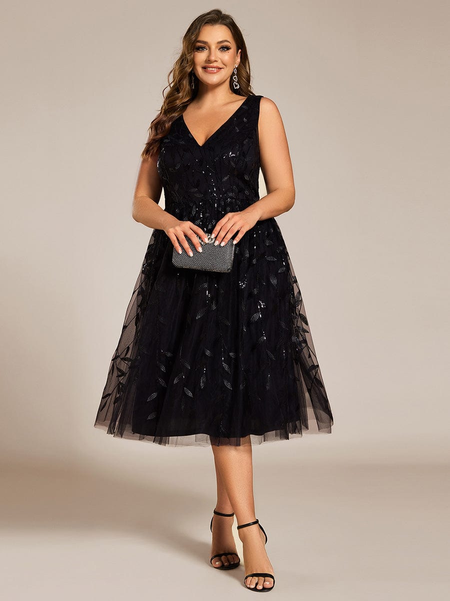 Plus Size Sleeveless Leaf Sequin A-Line Midi Wedding Guest Dress #color_Black